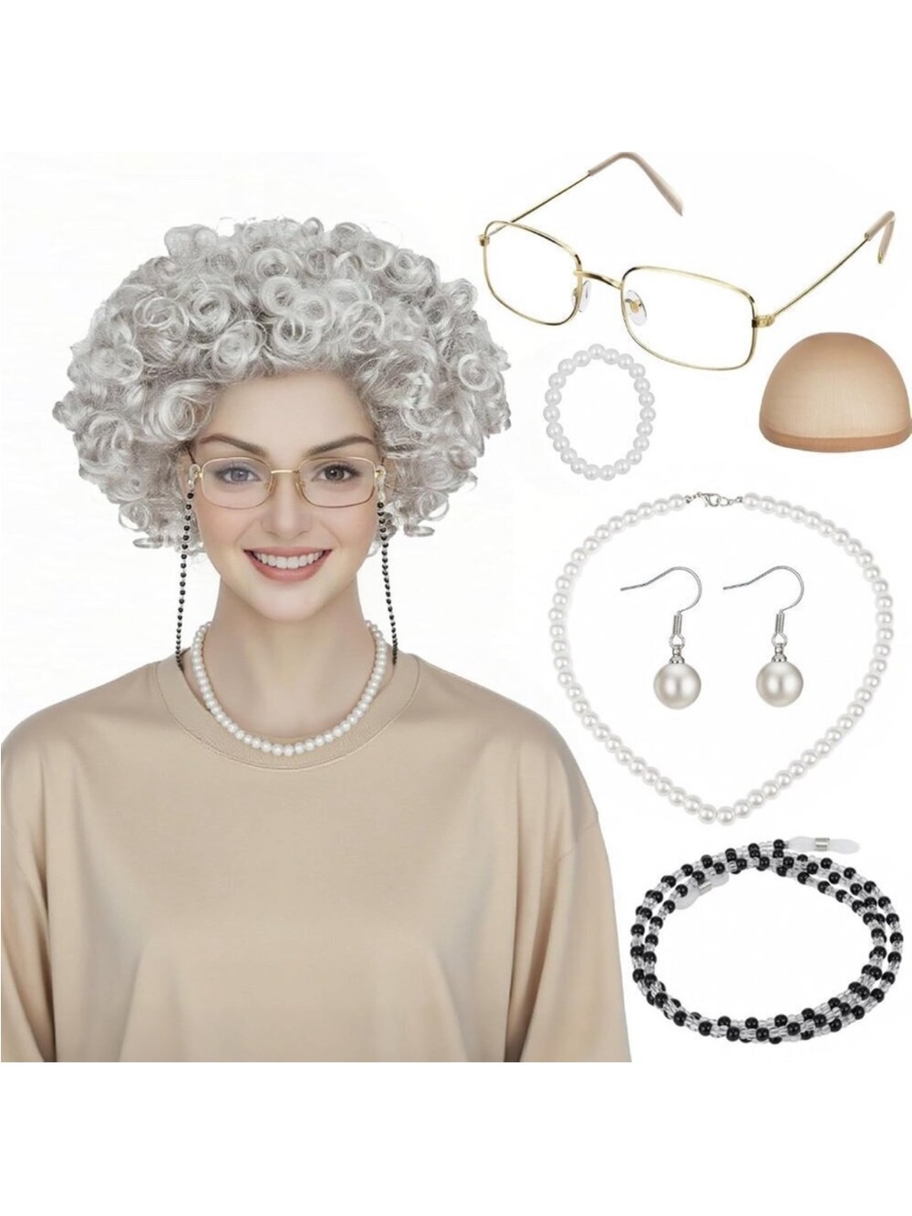 Old Lady Wig Costume Set for Women Gray Hair Granny Cosplay Halloween Party